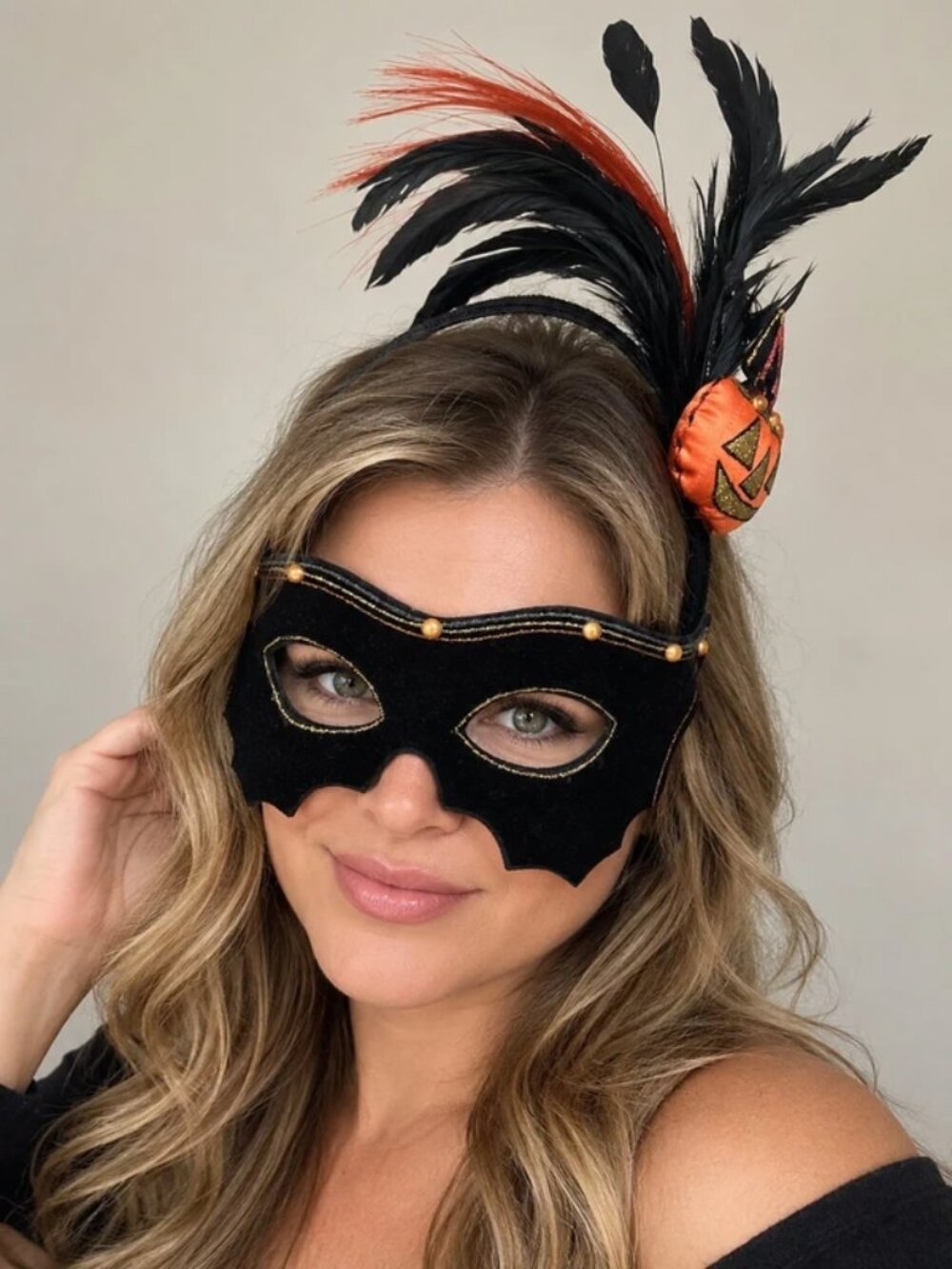 Halloween Black Orange Feather Mask HeadbandPumpkin Masquerade Costume Accessory